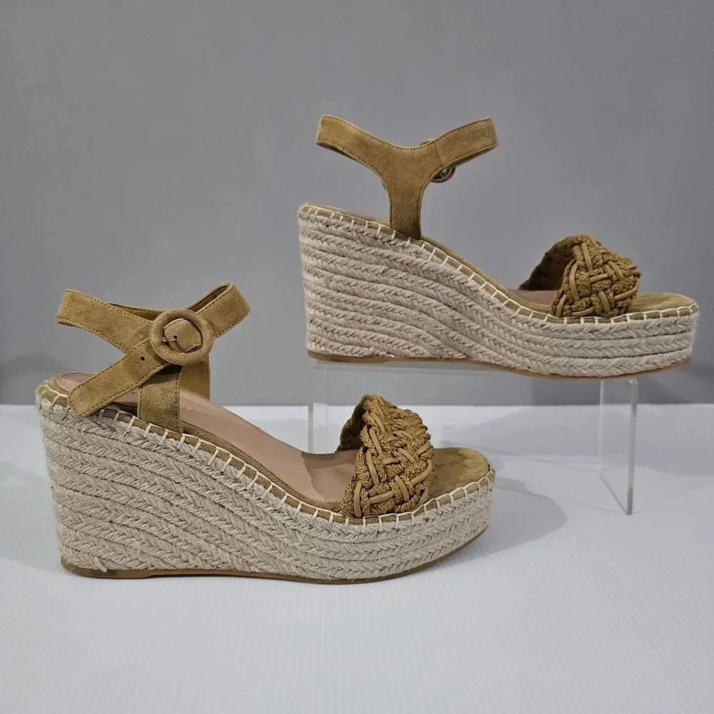 Veronica Beard Reema Espadrille Wedge Sandal Womens 10 Woven Mustard Leather NEW